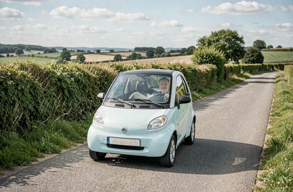 Homme conduisant une voiture sans permis sur une route de campagne française