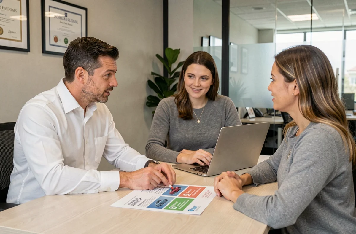Conseiller en assurance présentant les tarifs d'assurance auto électrique à un couple dans une agence