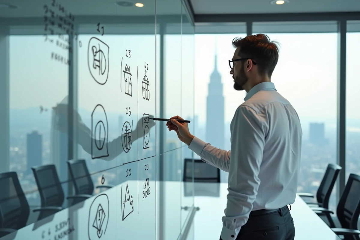 Consultant juridique présentant des variantes de logo et des annotations de droits d'auteur sur un tableau blanc en salle de réunion