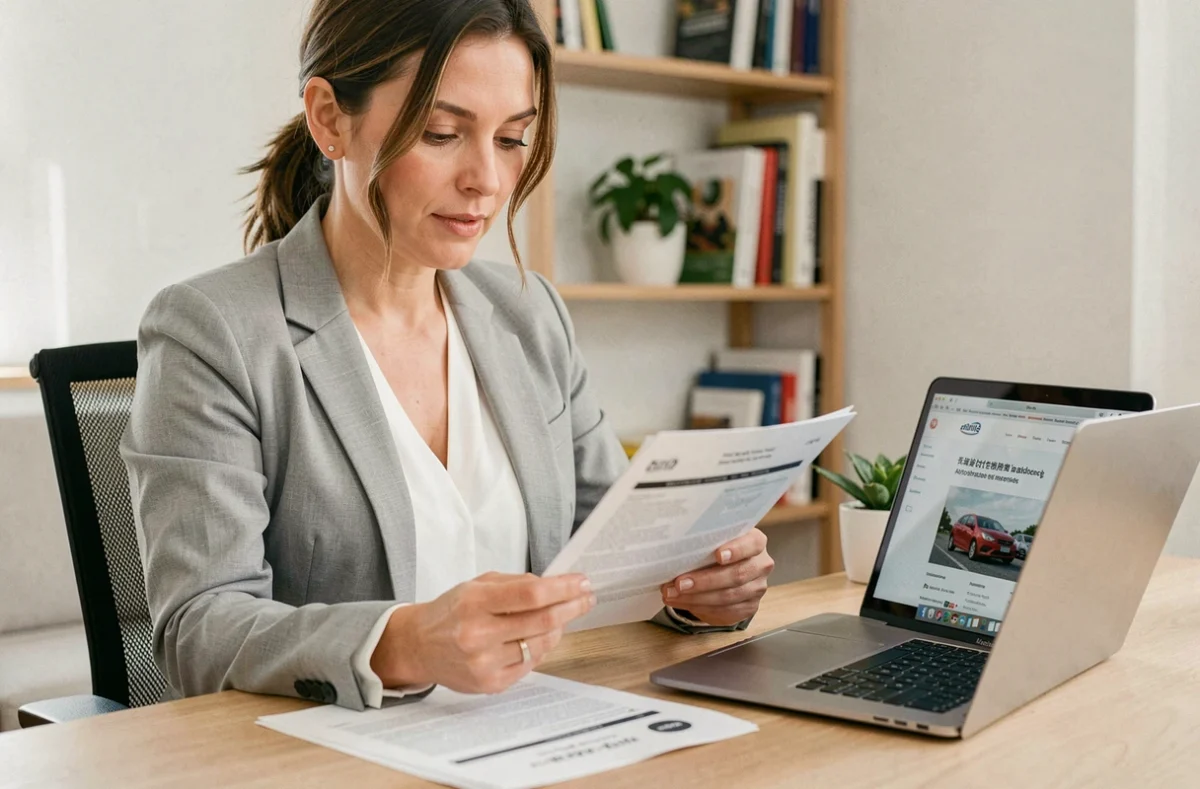 Femme consultant son contrat d'assurance auto à son bureau pour comprendre la franchise