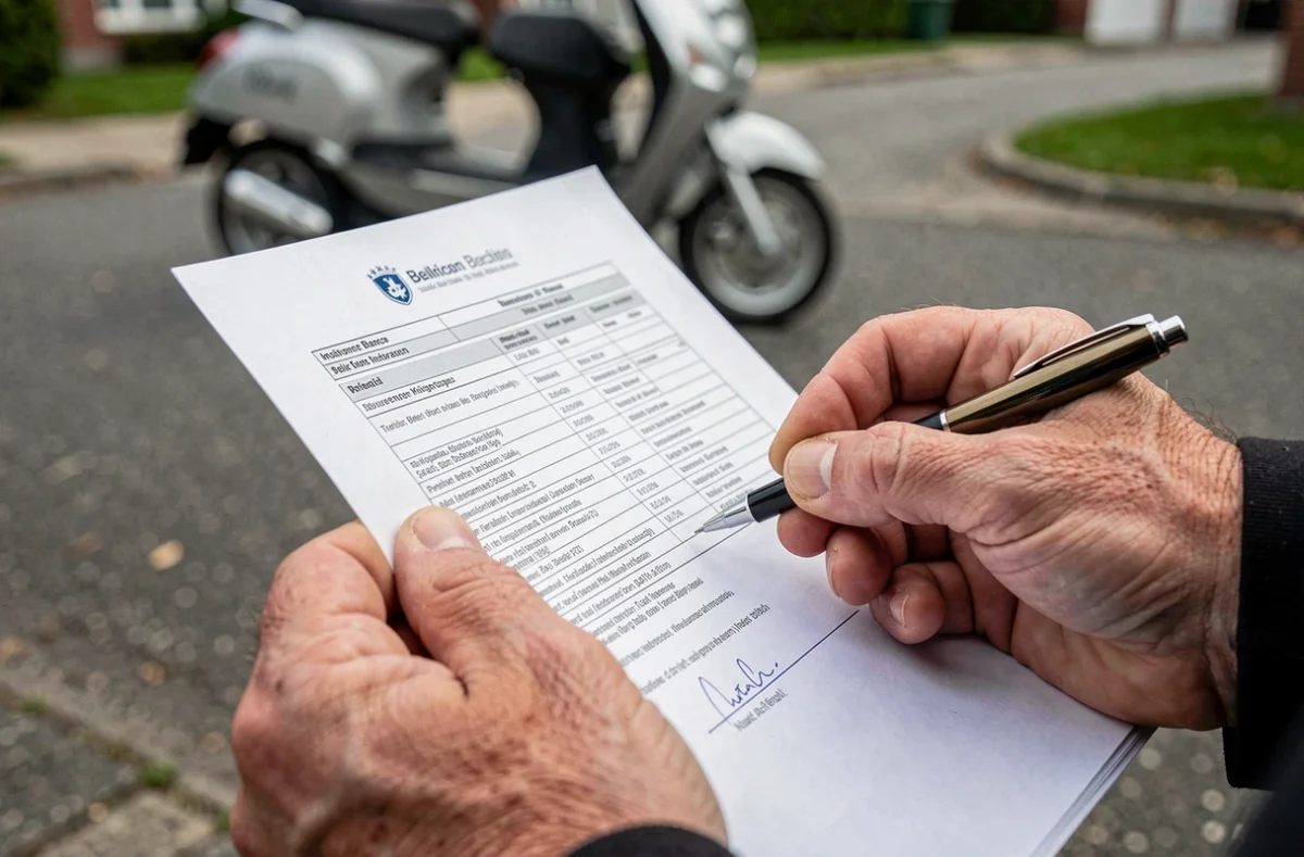 Mains tenant un contrat d'assurance scooter 25cc avec un stylo prêt à signer