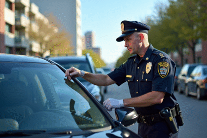 Agent de police inspectant un véhicule en ville en plein jour