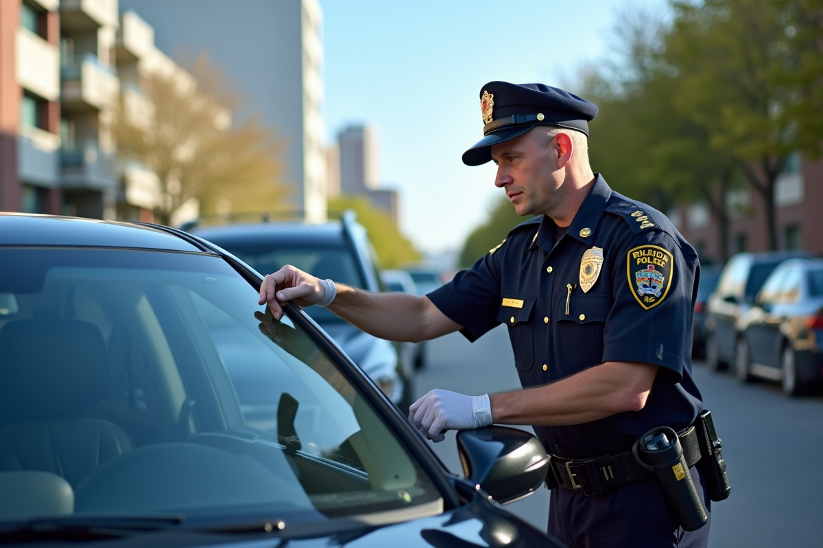 Agent de police inspectant un véhicule en ville en plein jour