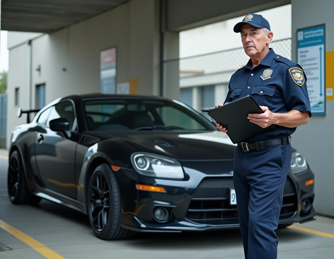 Contrôleur technique inspectant une plaque d'immatriculation noire personnalisée sur un véhicule tuning lors d'un contrôle officiel