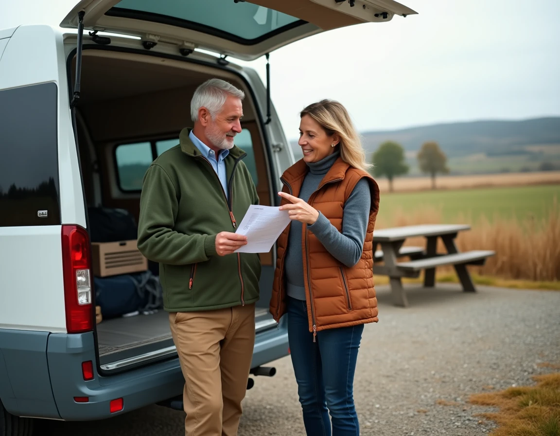 Couple examinant un camping-car Autostar d'occasion à l'arrêt dans la campagne française avant un achat