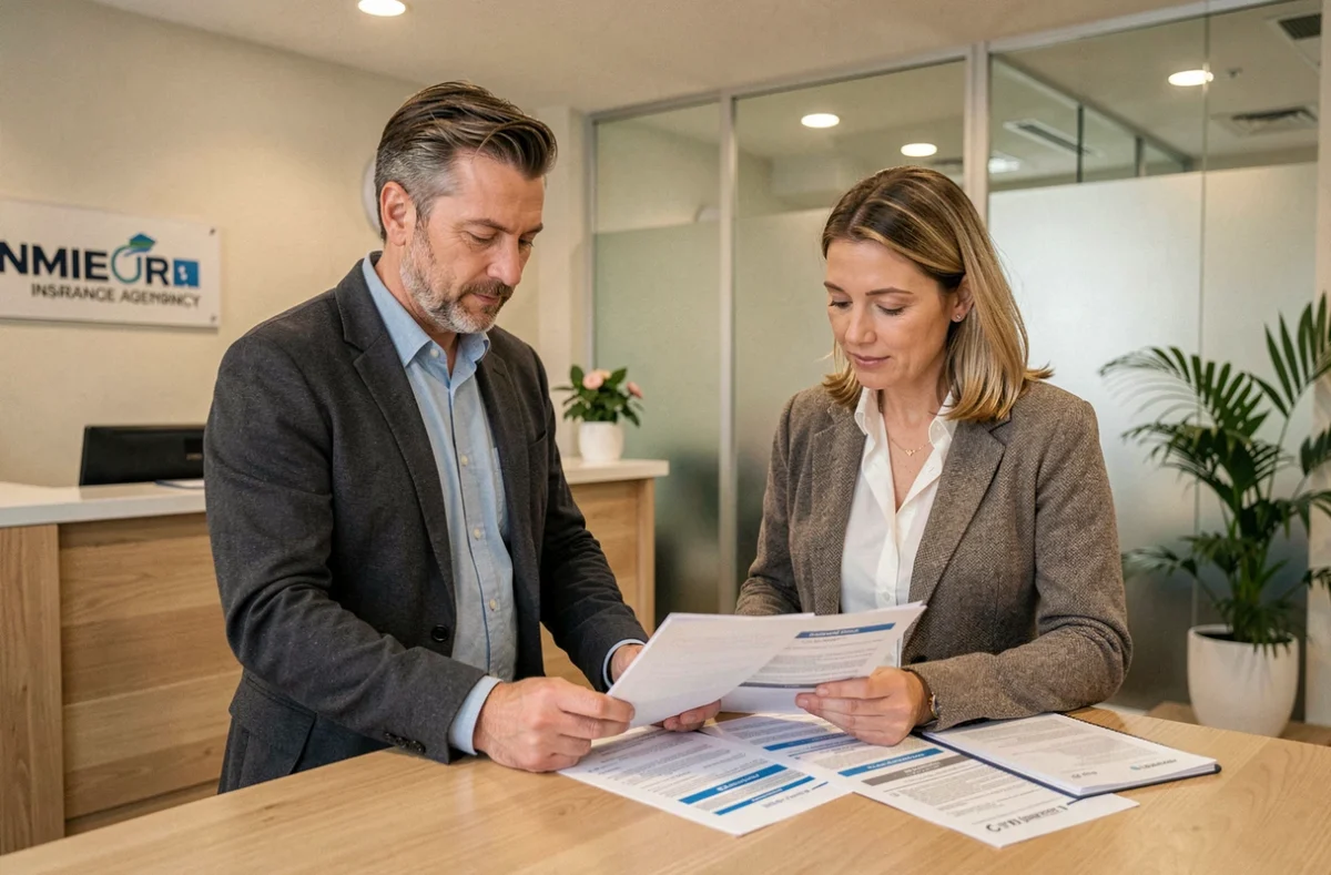 Couple examinant des documents d'assurance scooter 125 au comptoir d'une agence d'assurance