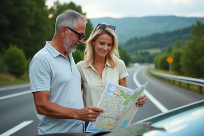 Couple regardant une carte des autoroutes françaises en extérieur