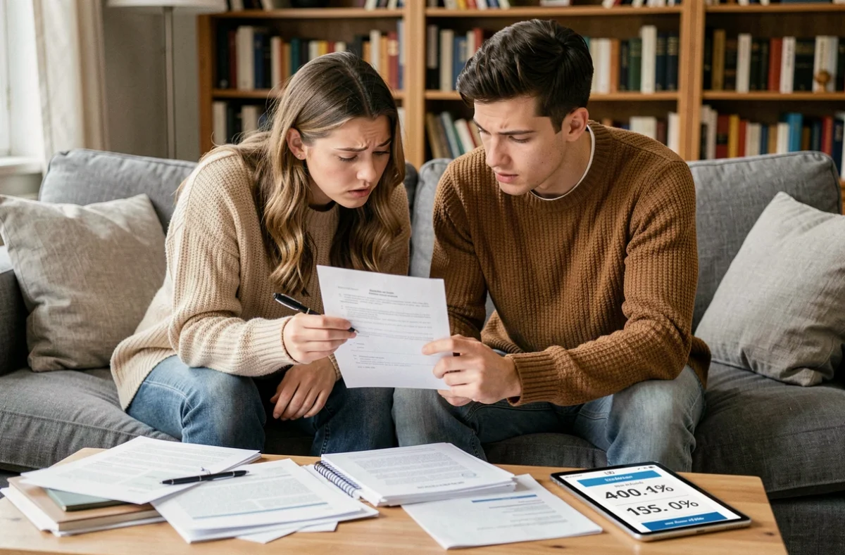 Couple examinant un contrat d'assurance auto dans leur salon pour éviter les mauvaises surprises