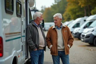 Couple inspectant un camping-car d'occasion à l'extérieur