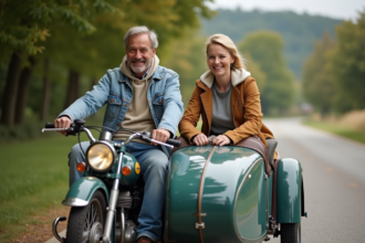 Couple souriant dans un sidecar vintage en campagne