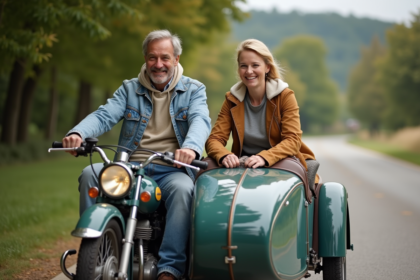 Couple souriant dans un sidecar vintage en campagne