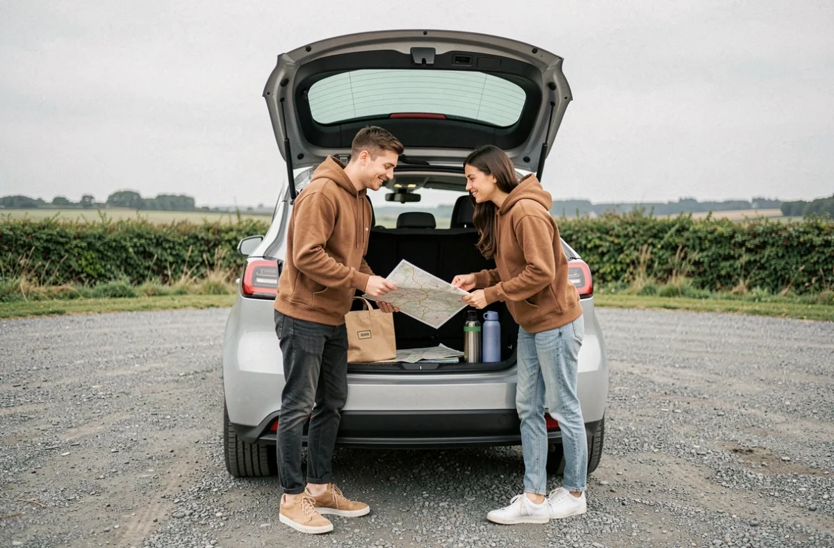 Couple étudiant une carte routière au coffre de leur voiture électrique lors d'un voyage économique
