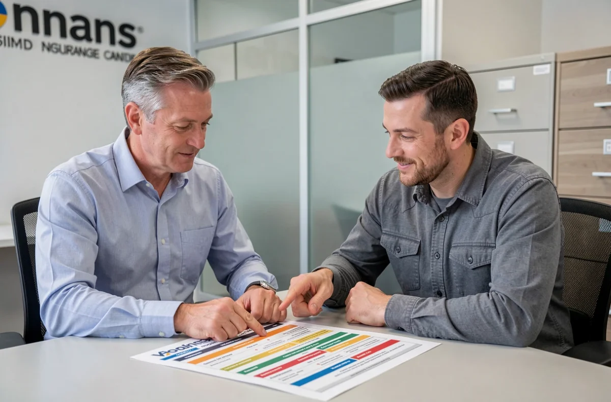 Courtier en assurance présentant un tableau comparatif de garanties moto à un client