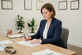 Femme consultant des documents de crédit pour financer une voiture sans permis dans un bureau bancaire moderne