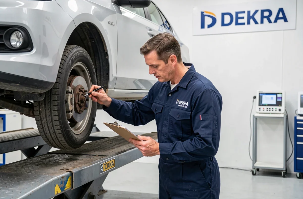 Technicien Dekra Automotive Annecy inspectant le dessous d'un véhicule sur pont élévateur