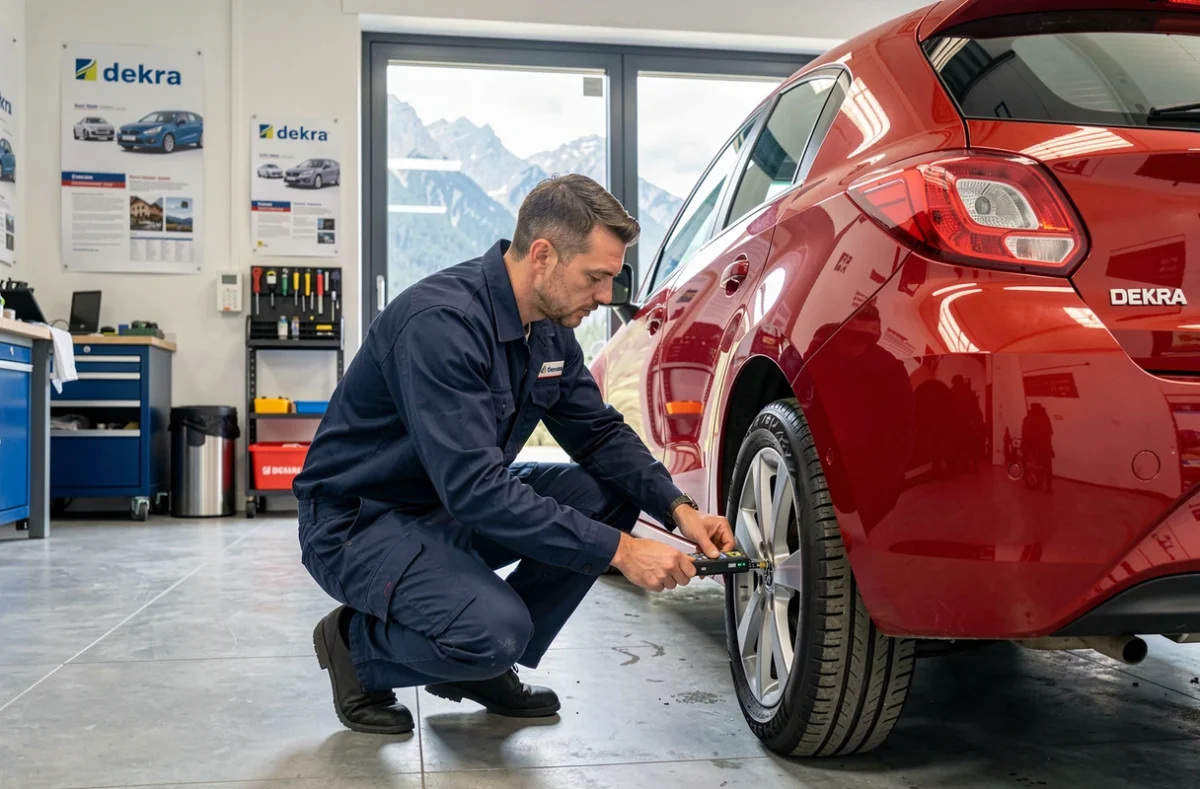Inspecteur Dekra Automotive Bonneville mesurant la profondeur des rainures de pneu