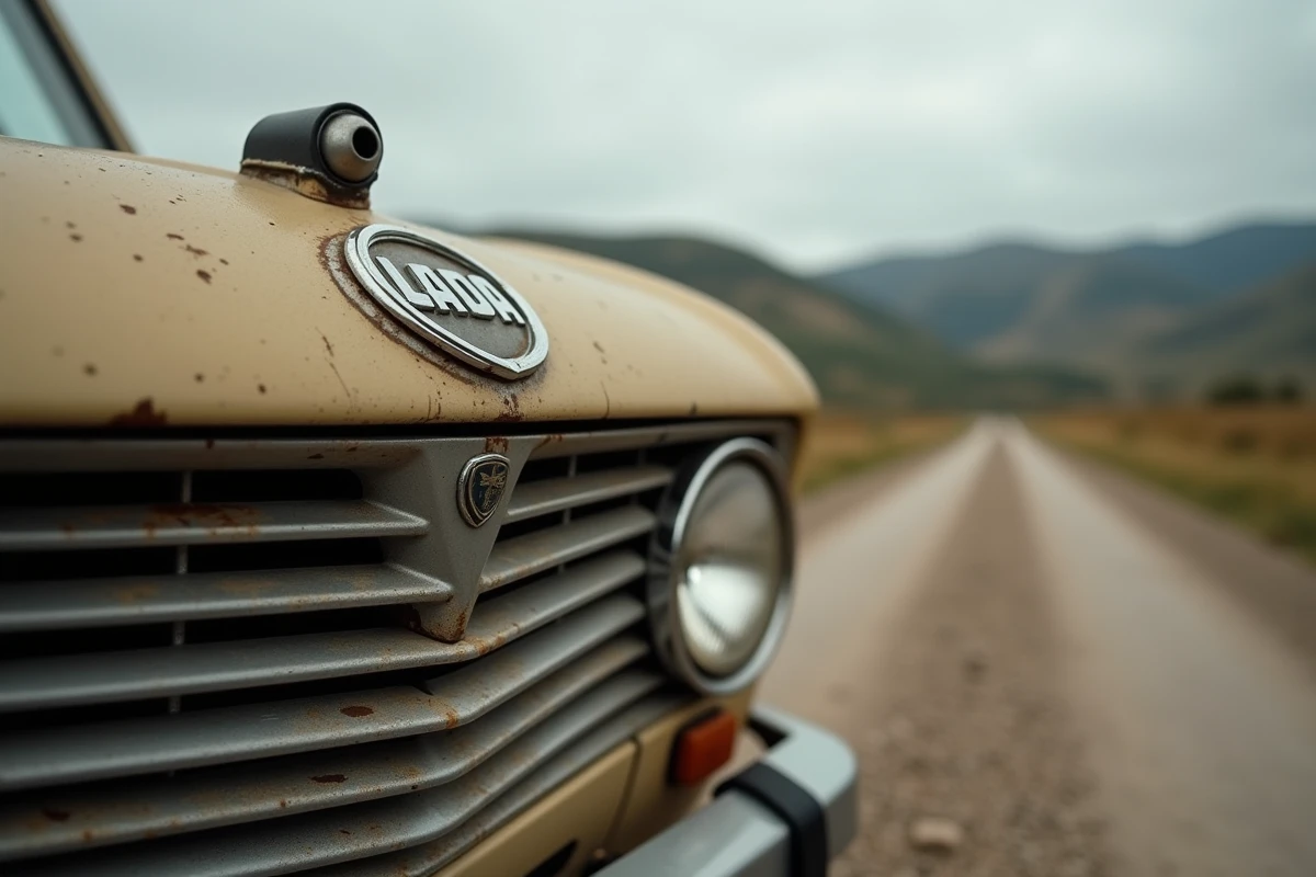 Détail du badge et de la calandre du Lada Niva 4x4, symbole robustesse et rapport qualité-prix