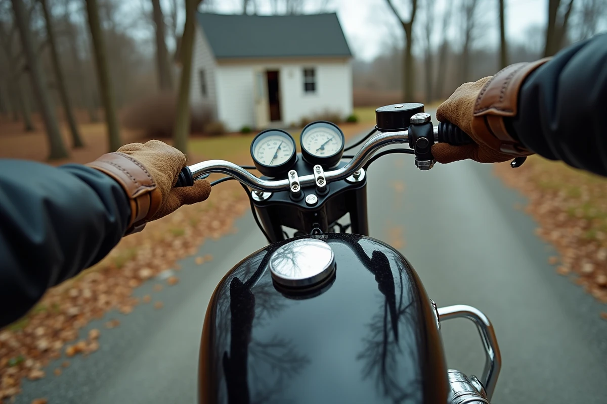 Gros plan sur les mains gantées tenant le guidon d'une Triumph vintage des années 1960 avec une carte routière attachée au réservoir, détail photographique documentaire style Woodstock