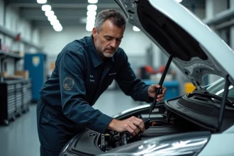 Technicien automobile branchant un scanner OBD2 sur une Renault Clio 5 blanche dans un garage professionnel pour diagnostiquer une panne injection
