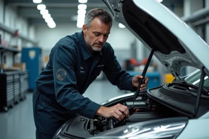 Technicien automobile branchant un scanner OBD2 sur une Renault Clio 5 blanche dans un garage professionnel pour diagnostiquer une panne injection