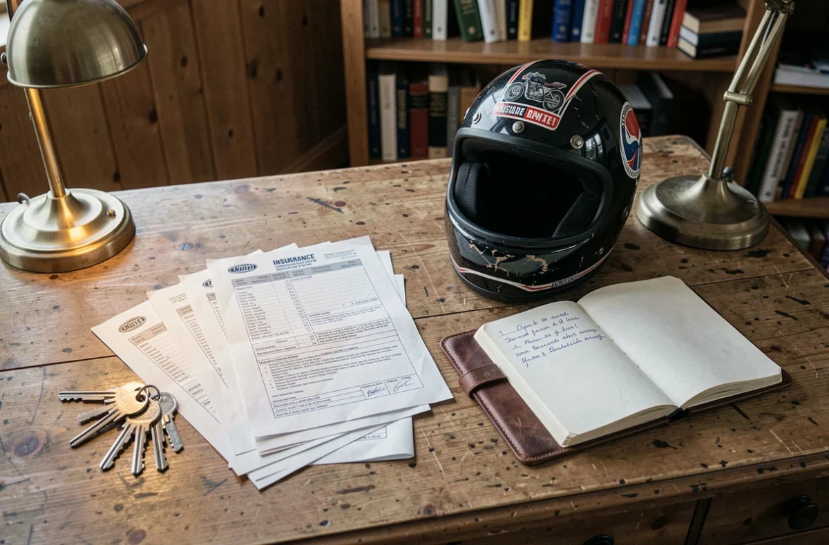 Documents d'assurance moto de collection, casque vintage et clés chromées posés sur un bureau en chêne ancien
