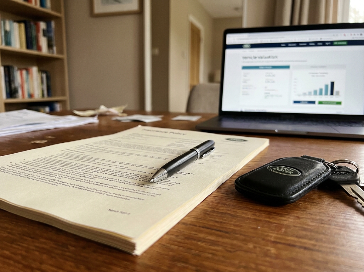 Documents d'assurance, clé de SUV de prestige et stylo sur un bureau en bois dans un bureau à domicile moderne