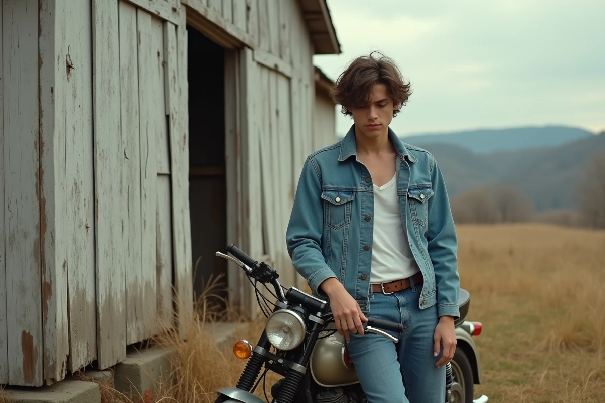 Jeune homme aux cheveux bouclés appuyé sur une moto ancienne devant une grange en bois délabrée dans les Catskill Mountains, ambiance photographique documentaire des années 1960