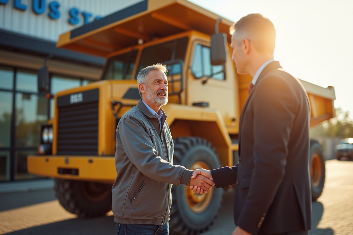 Echange entre acheteur et vendeur devant un camion benne d