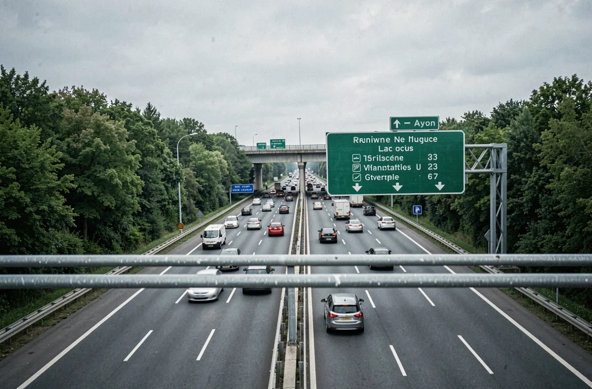 Vue sur un échangeur d'autoroute française sans péage avec signalisation routière verte et trafic fluide près de Lyon
