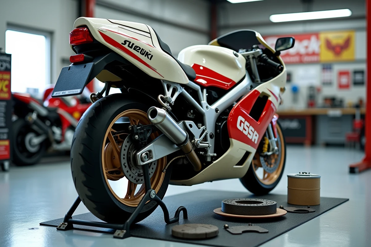 Suzuki GSXR 1100 de 1992 sur un pont élévateur dans un atelier moto avec freins, pneus et huile moteur disposés