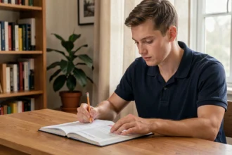 Jeune homme étudiant les questions du permis de conduire 2026 avec un manuel annoté à son bureau à domicile