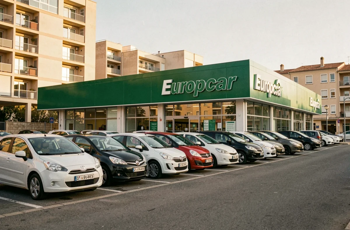 Rangée de véhicules de location Europcar devant l'agence de Montpellier avec enseigne verte visible