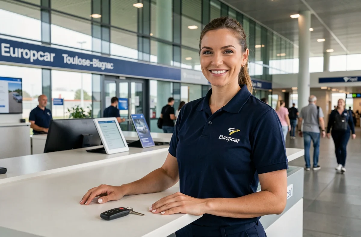 Agent Europcar en uniforme au comptoir de l'agence de location à l'aéroport Toulouse-Blagnac