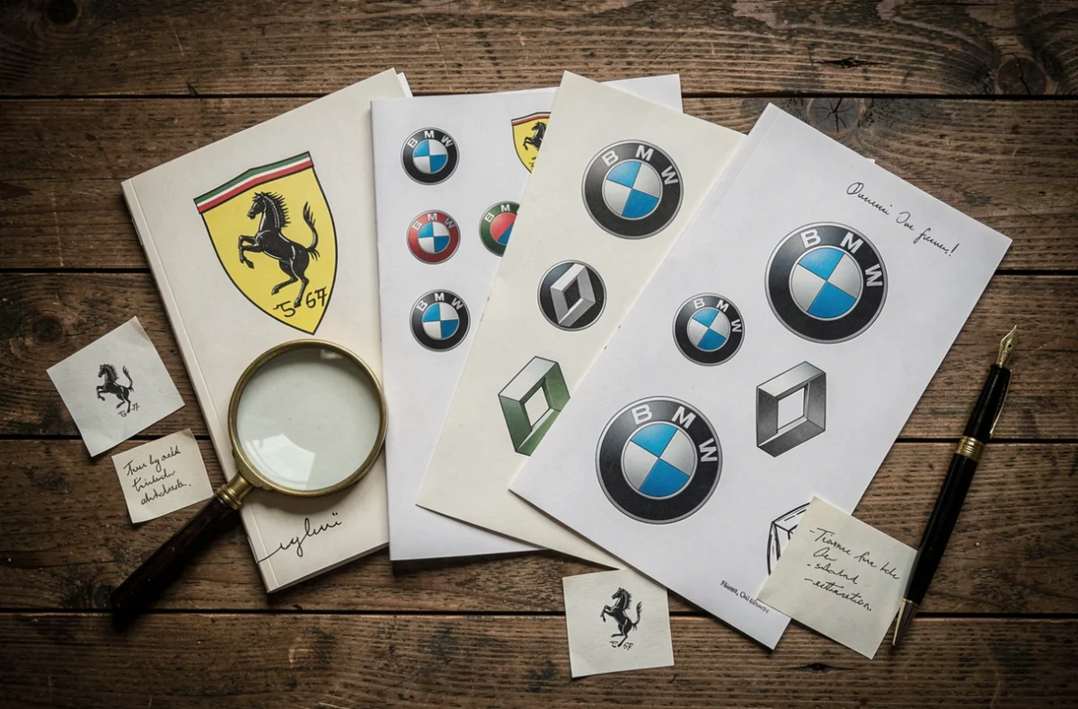 Disposition à plat de fiches et brochures montrant l'évolution des logos automobiles célèbres — Ferrari, BMW, Renault — sur une table en bois avec loupe et stylo plume