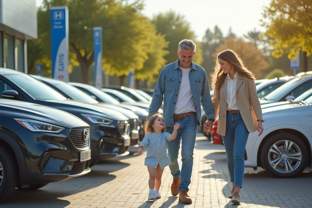 Famille heureuse admirant des voitures dans un concessionnaire extérieur