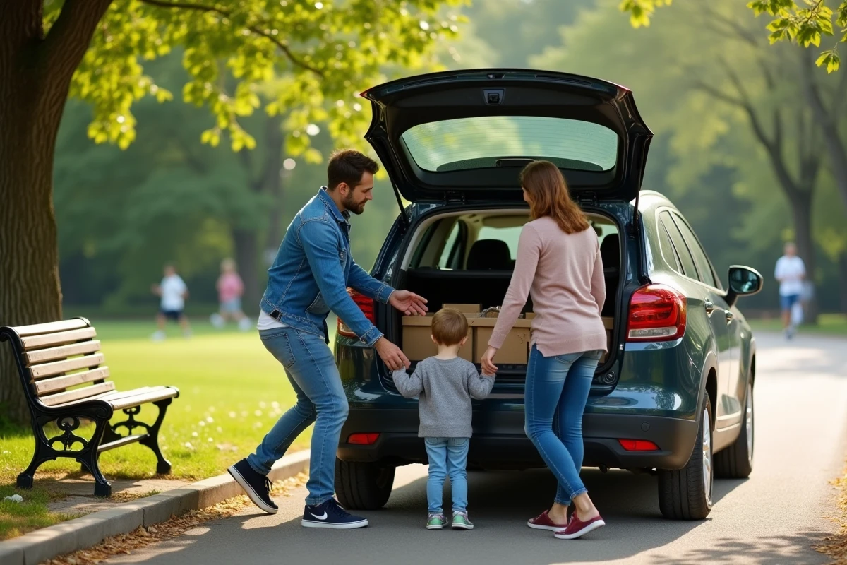 Famille préparant un pique-nique dans un parc parisien