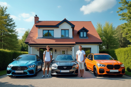 Famille heureuse devant trois voitures neuves en Belgique