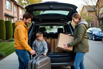 Famille souriante déchargeant un grand coffre de SUV moderne