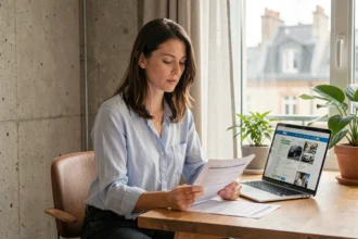 Femme consultant des documents d'assurance auto à Lyon dans un appartement moderne