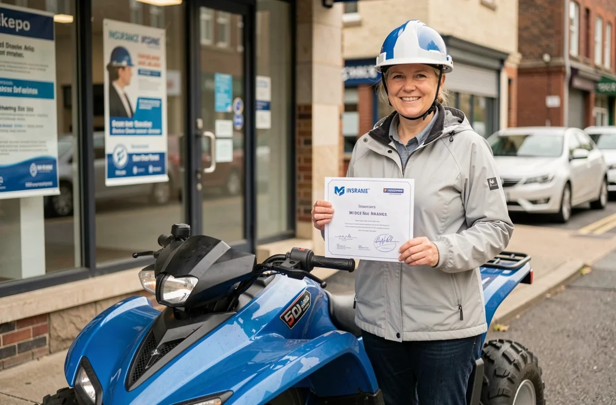 Femme souriante tenant son attestation d'assurance quad 50cc devant une agence d'assurance en milieu urbain