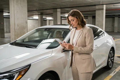 Femme consultant son smartphone sur le tarif de son assurance voiture électrique dans un parking urbain