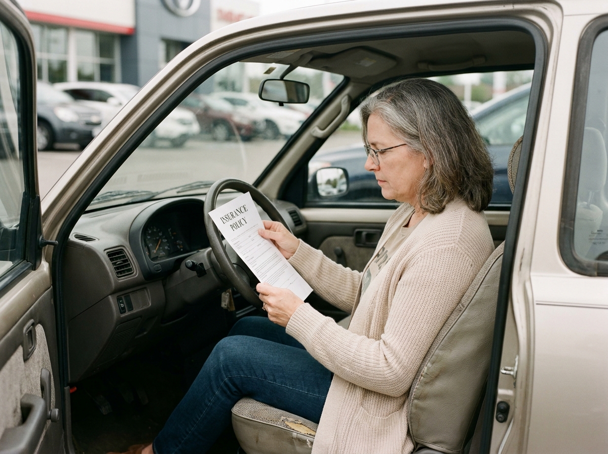 Femme d'une cinquantaine d'années lisant un contrat d'assurance dans une voiture sans permis chez un concessionnaire