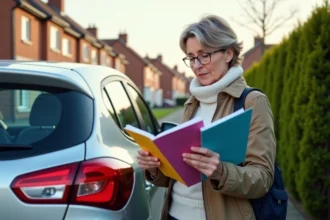 Femme française examine brochures d'assurance auto en extérieur