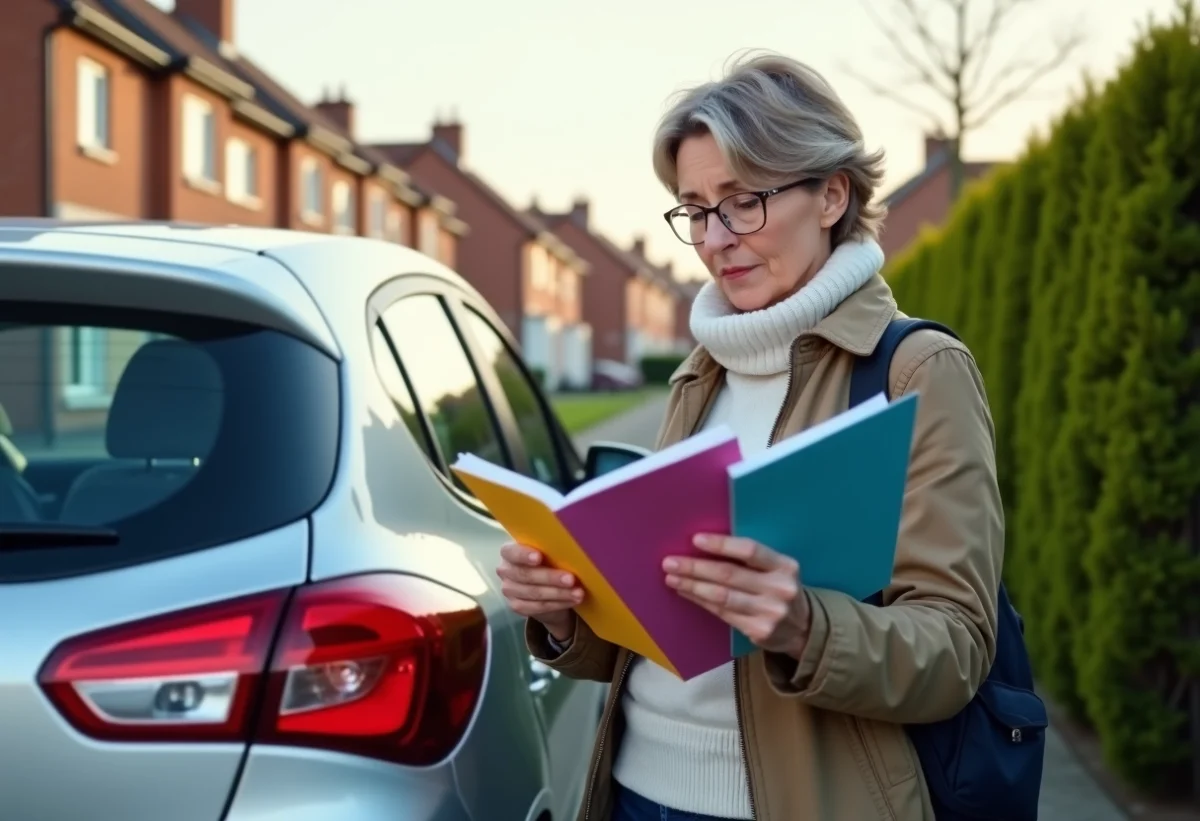 Femme française examine brochures d'assurance auto en extérieur