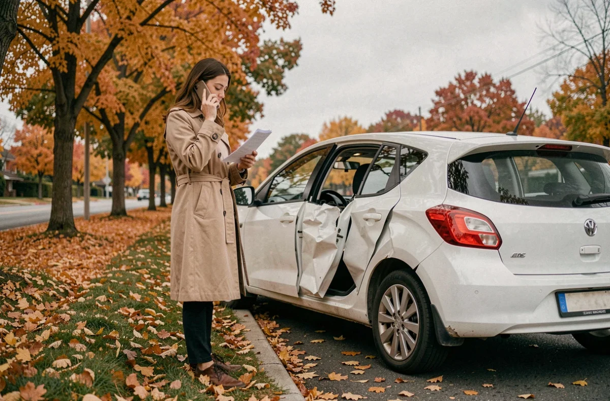 Femme au bord de la route après un accident de voiture, contactant son assurance par téléphone
