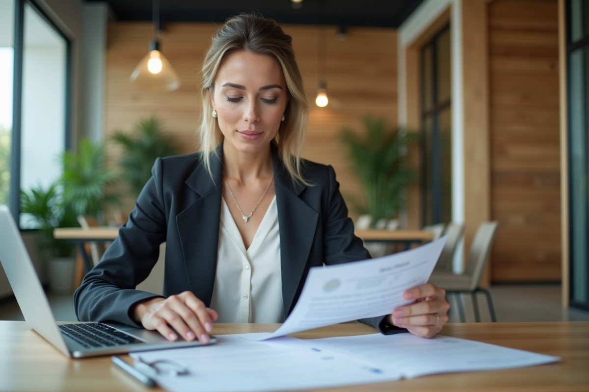 Femme d'affaires concentrée au bureau avec documents et ordinateur