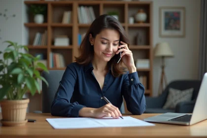 Femme en bureau à domicile avec smartphone et papier