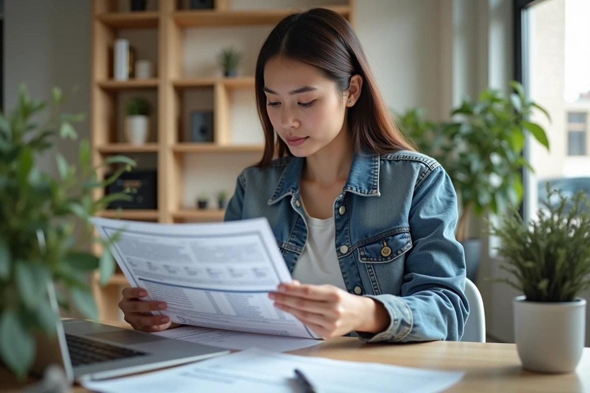 Jeune femme en jeans vérifiant des documents auto au bureau
