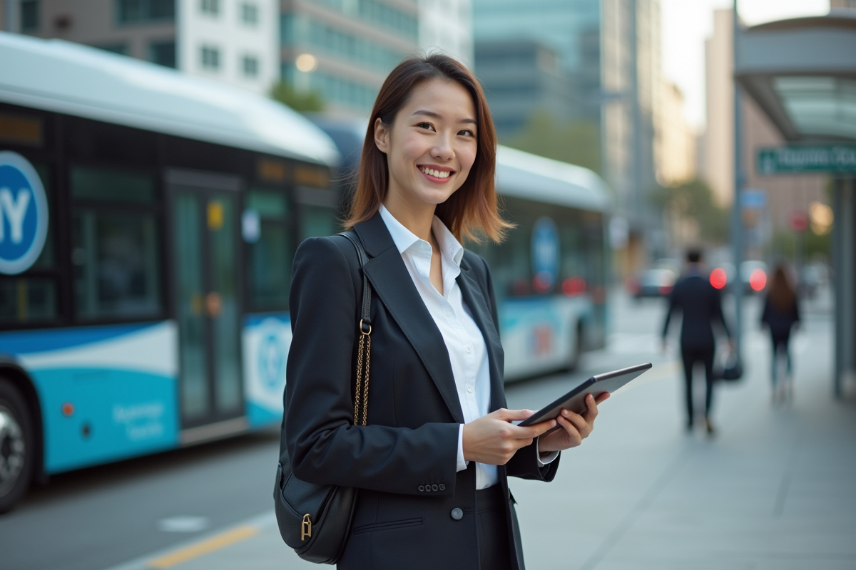 Jeune femme avec tablette devant bus a hydrogene en ville