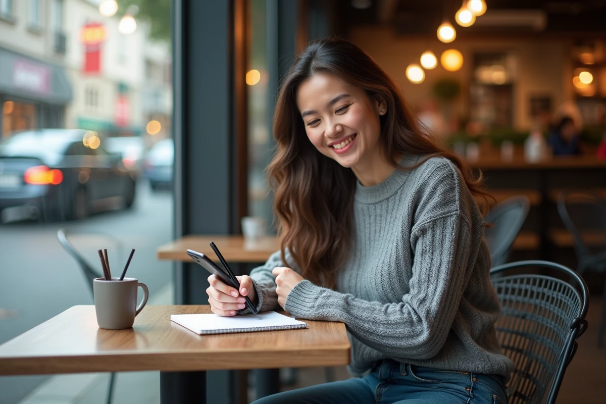 Jeune femme souriante posant avec son smartphone au café